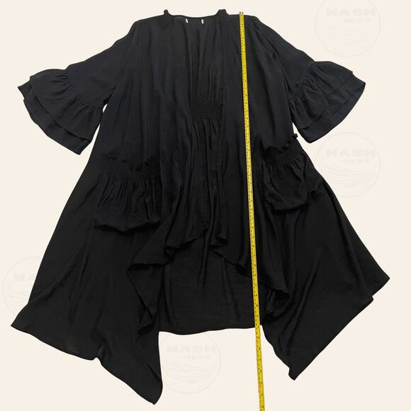 Mystical Avant Garde Black Duster Kimono | Smocked Waist Pockets Ruffle Art Wear - Picture 6 of 9
